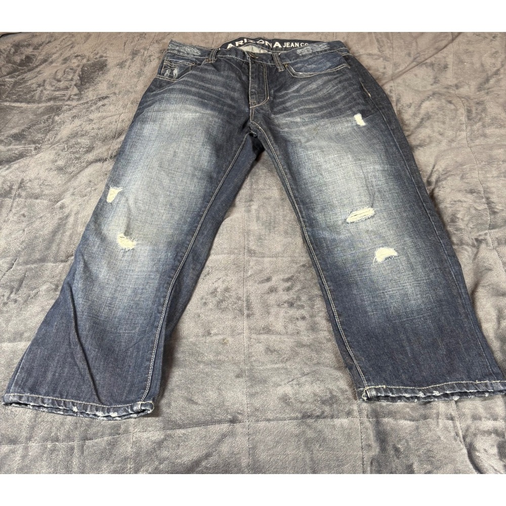 Arizona Jean Co. Mens Slim Straight Jeans 34x34 Distressed Ripped Blue Denim